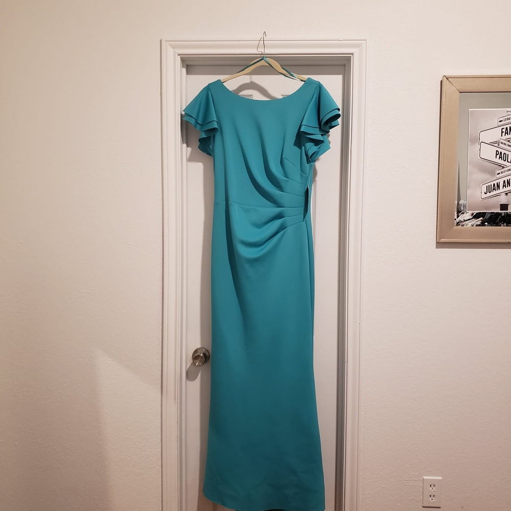 Jessica Howard Blue Asymmetrical Ruched Gown